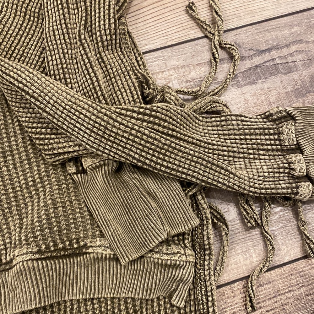 Olive Green Waffle Knit Long Sleeve Tie Top- FP ONE - Picture 4 of 7